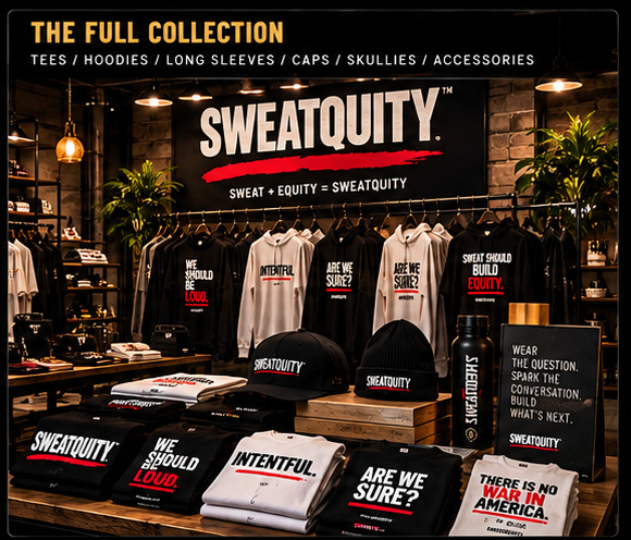 SWEATQUITY retail store concept with hanging tees, hoodies, caps, folded designs and branded signage