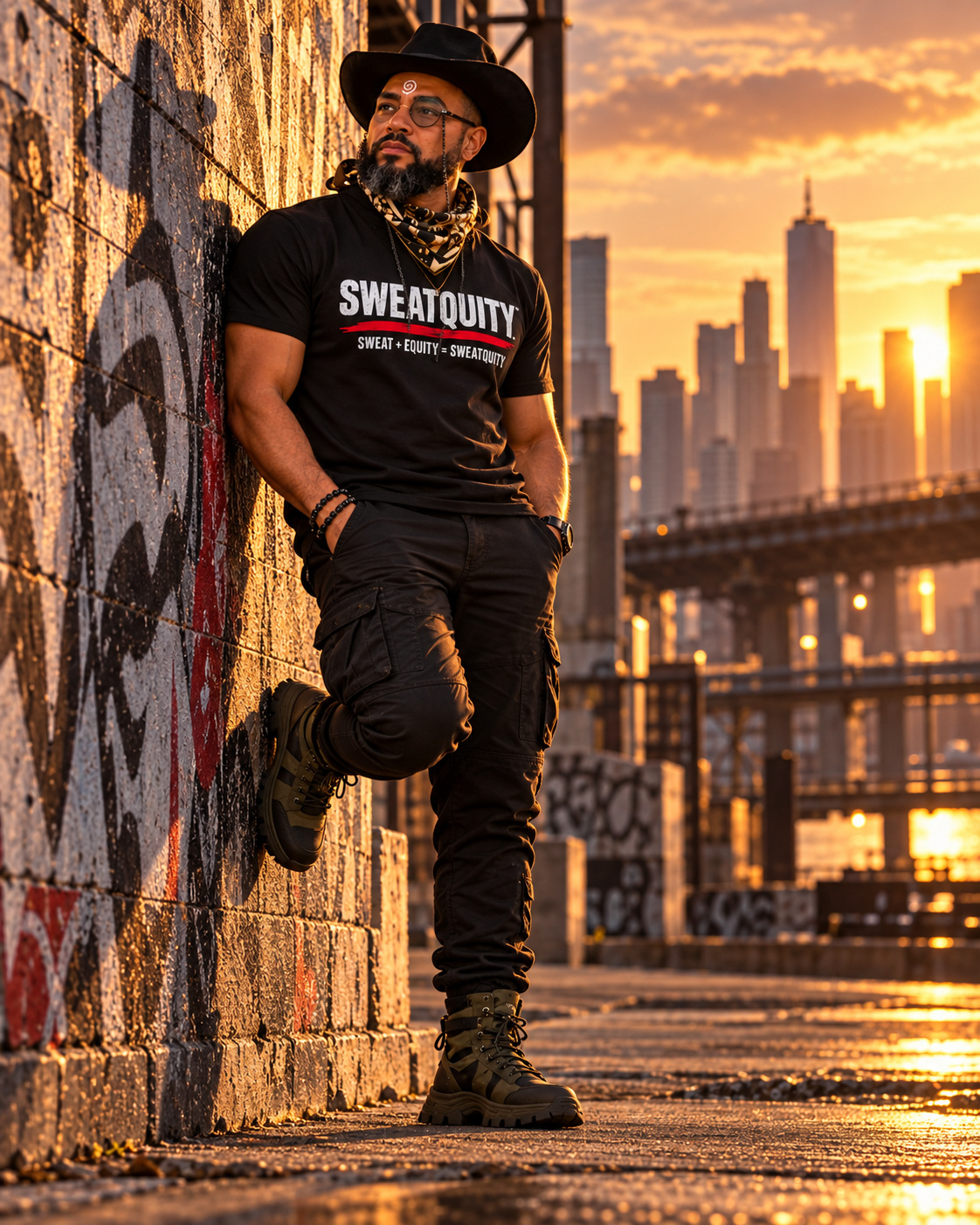 Founder-inspired SWEATQUITY character in fitted black T-shirt and cowboy hat with spiral bindi and monocle-style eyewear
