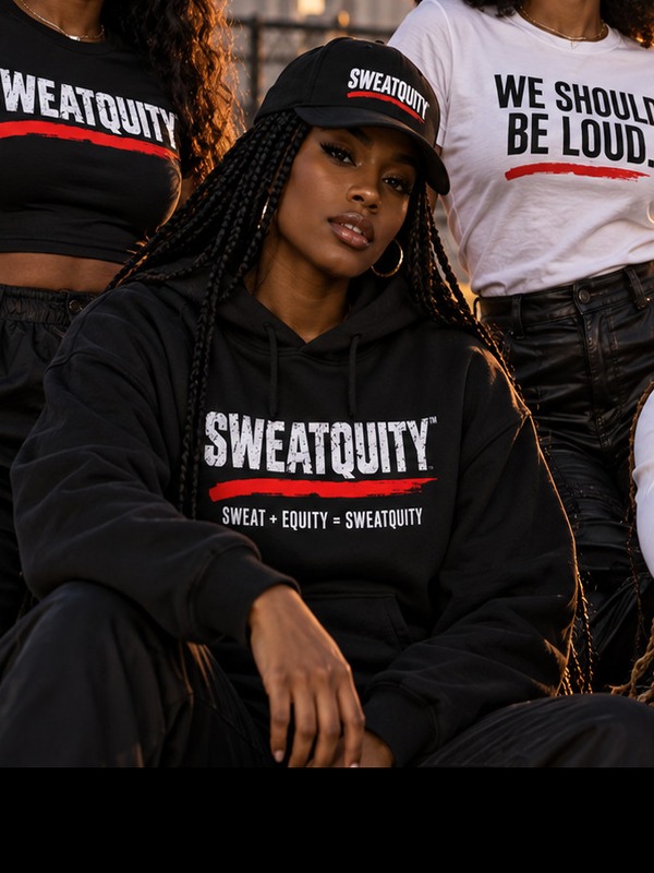 Model clearly wearing a black SWEATQUITY cap