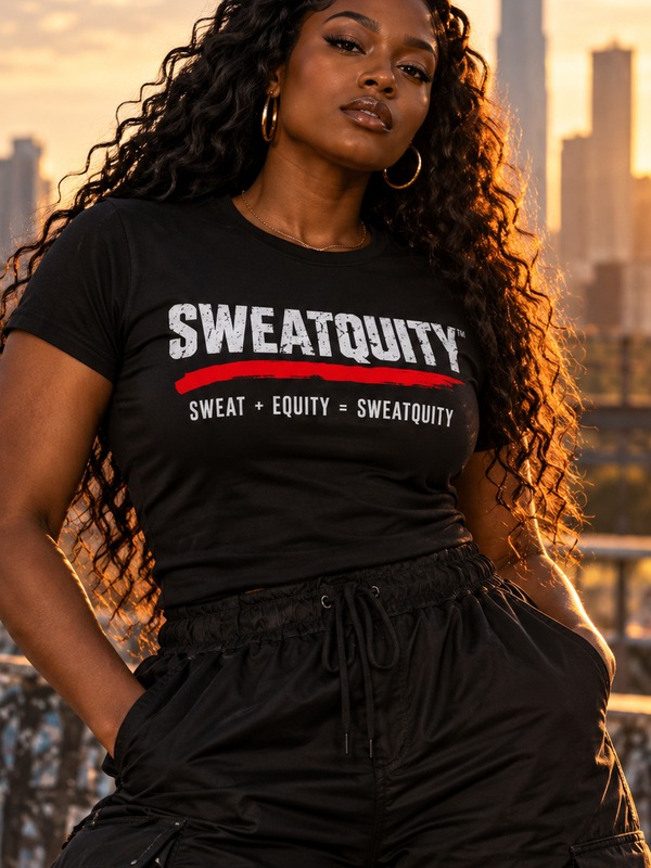 Model wearing a black SWEATQUITY T-shirt in the golden-hour campaign