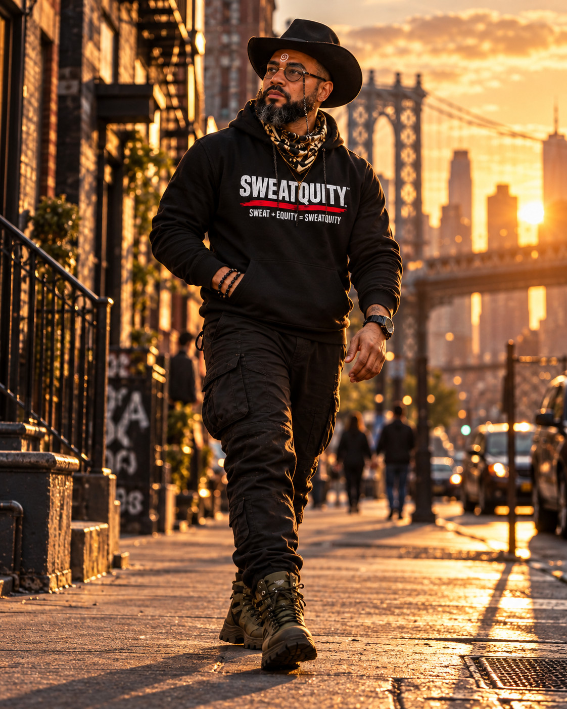 Founder-inspired SWEATQUITY character walking in fitted black apparel, cowboy hat, eyewear, and spiral bindi.