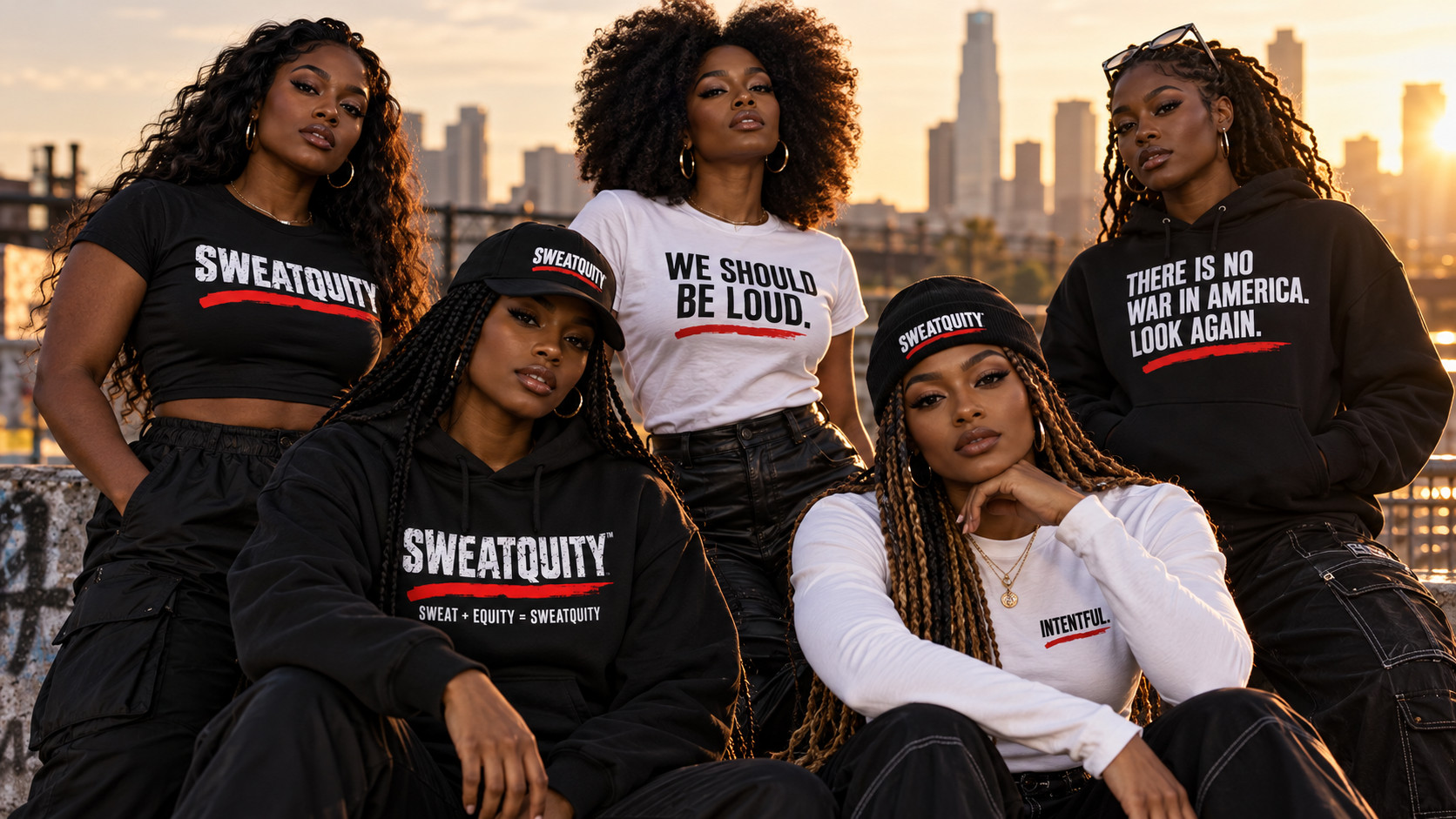 Five Black women wearing SWEATQUITY tees, hoodies, and headwear, their full faces visible.